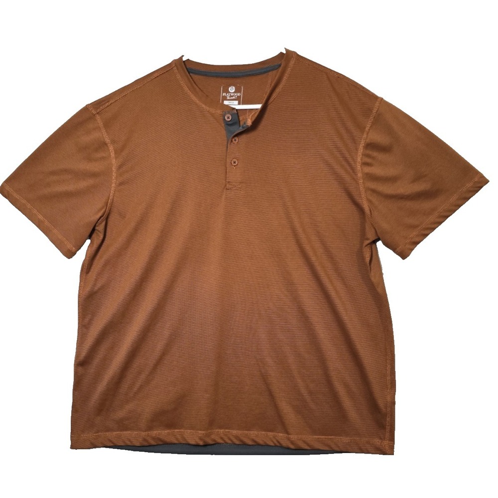 Flatwood Threads Mens Henley Shirt Rust w/Thin Black Stripes Short Sleeve Large